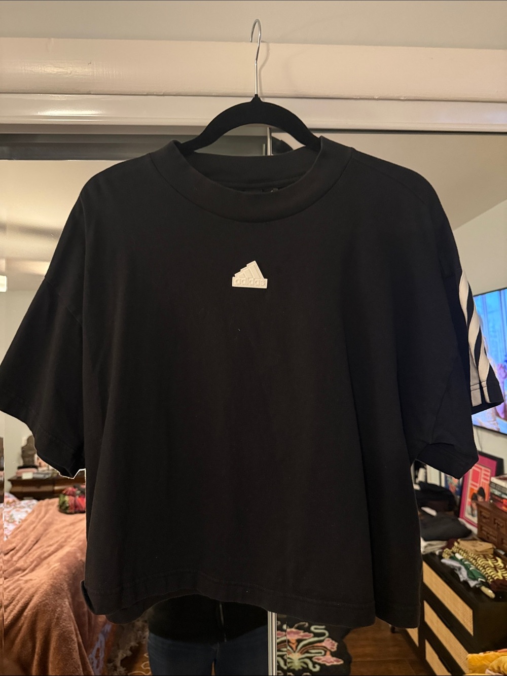 adidas Black Cropped Tee with White Logo and Sleeve Stripes